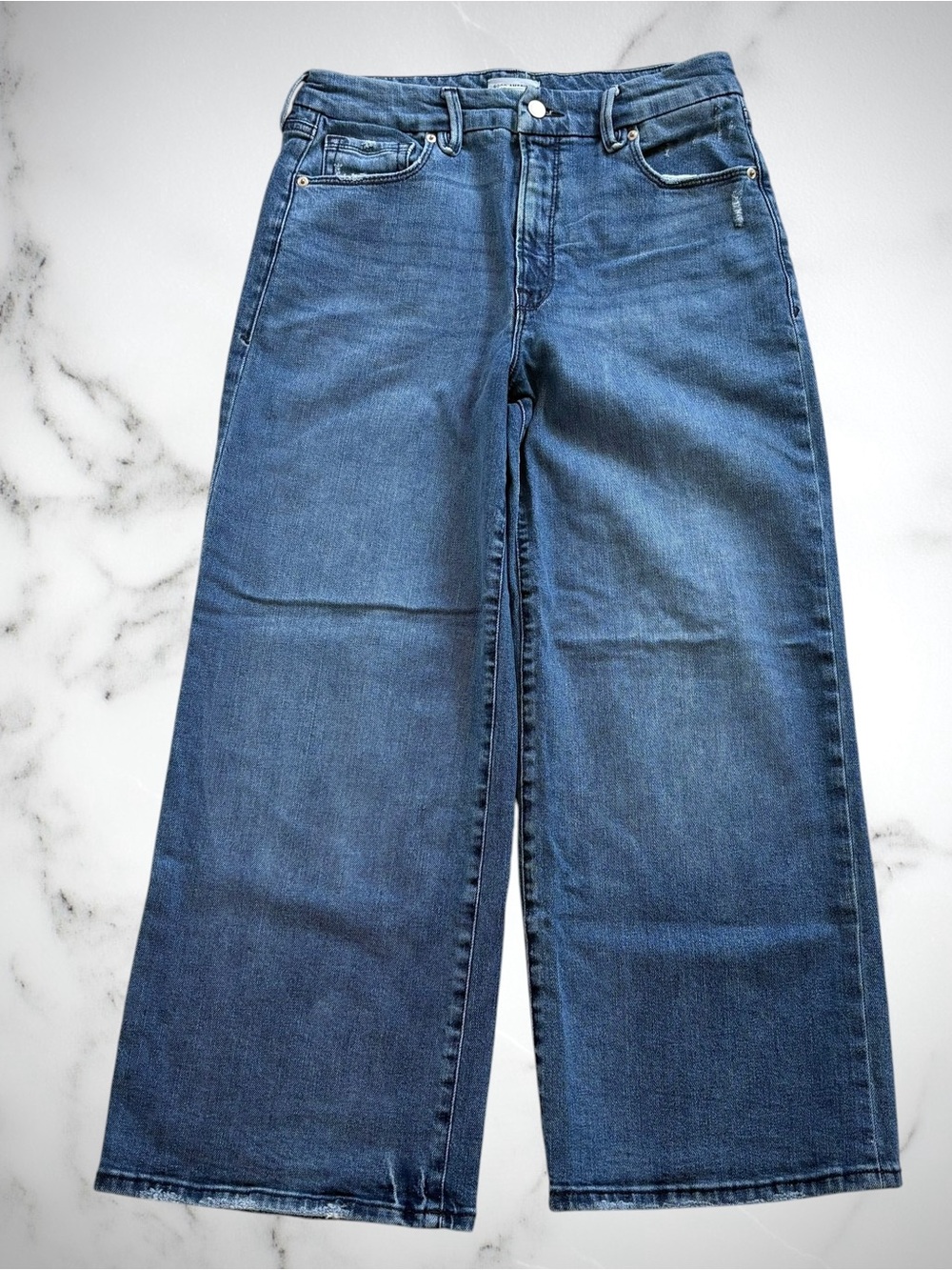Good American Good Waist Palazzo Crop Jeans Size 10/30 Indigo Wide Leg Raw Hem